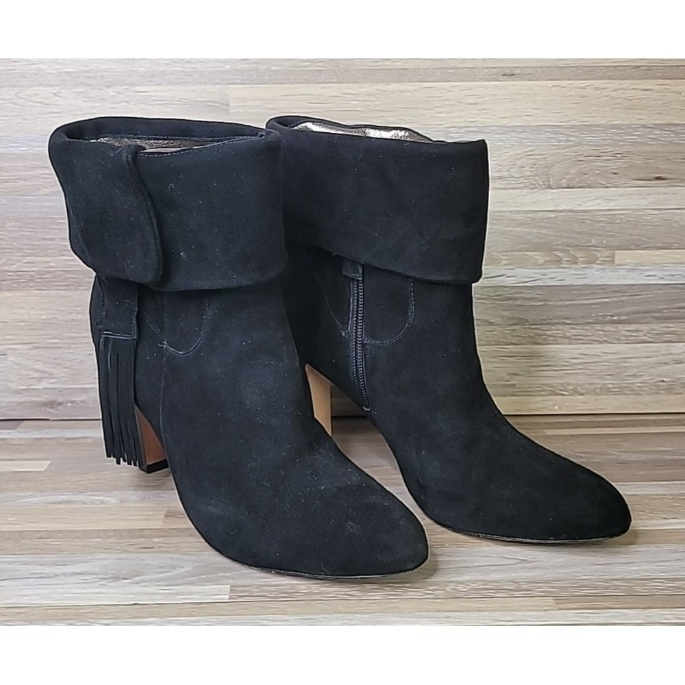 Johnston & Murphy Black‎ Suede High Heel Ankle Boots Cuff Fringe 9 M w Tag